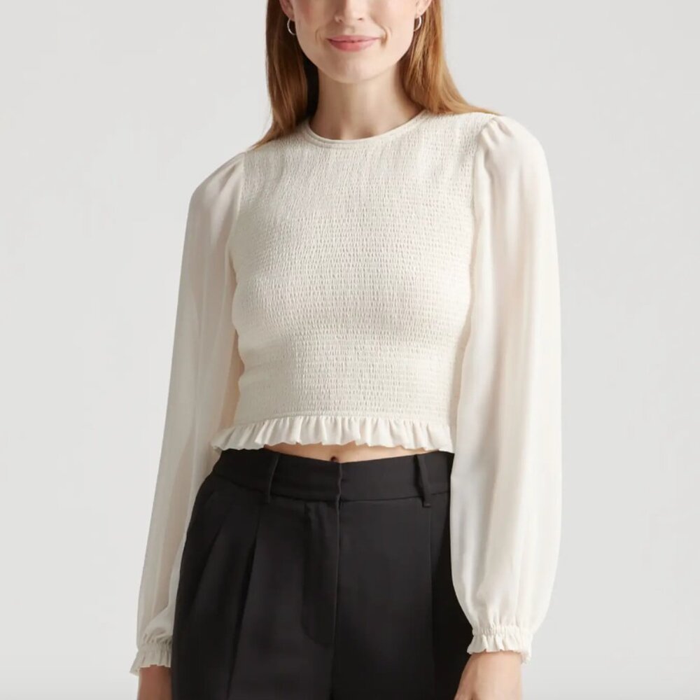Quince Chiffon Cropped Smocked Blouse